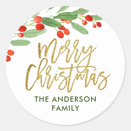 Holly Berry Watercolor Weihnachten Runder Aufkleber (Vorderseite)