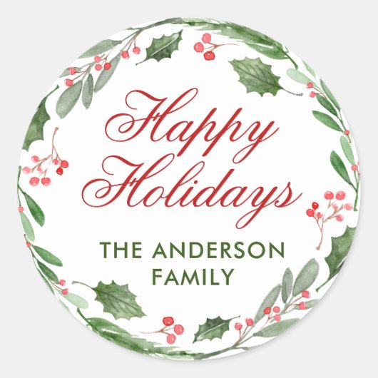 Holly Berry Watercolor Weihnachten Runder Aufkleber (Vorderseite)