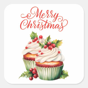 Holly Berry Weihnachts-Cupcake Quadratischer Aufkleber