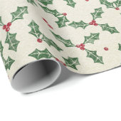 Holly Berry Weihnachtsfeiertag Ivory Vintag Geschenkpapier (Rolleneckpunkt)