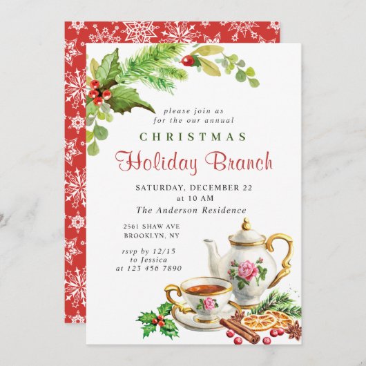 Holly Berry Weihnachtszweig Einladung (Vorne/Hinten)