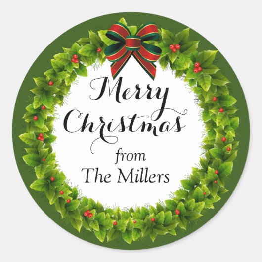 Holly Berry Wreath Custom Christmas Runder Aufkleber (Vorderseite)