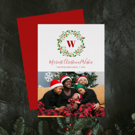 Holly Berry Wreath Monogram Holiday Foto Card Feiertagskarte