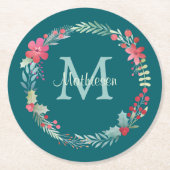 Holly Berry Wreath Monogram Runder Pappuntersetzer (Vorderseite)