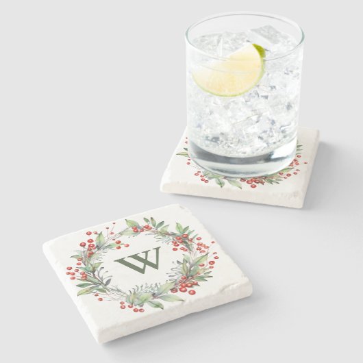 Holly Berry Wreath Monogram Steinuntersetzer (Seitenansicht)