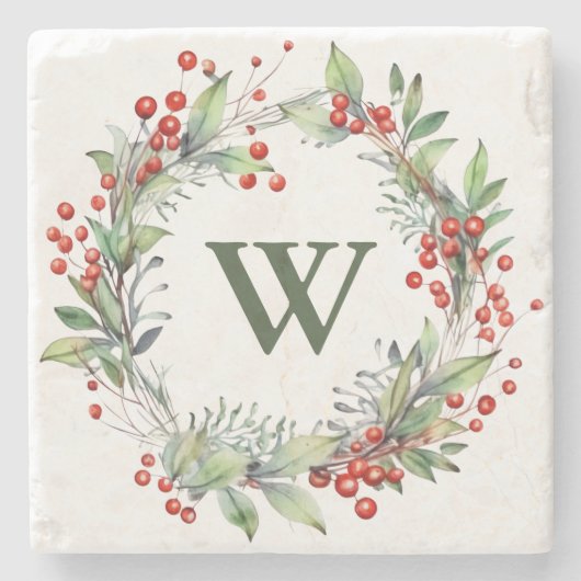 Holly Berry Wreath Monogram Steinuntersetzer (Vorderseite)