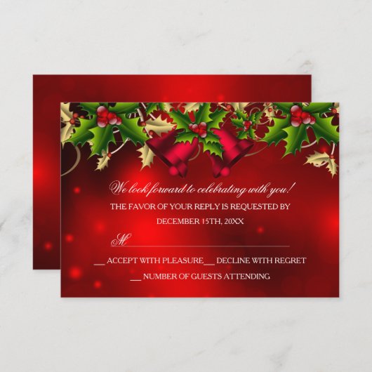 Holly Blätter & Bell Red Christmas Party UAWG RSVP Karte (Vorne/Hinten)