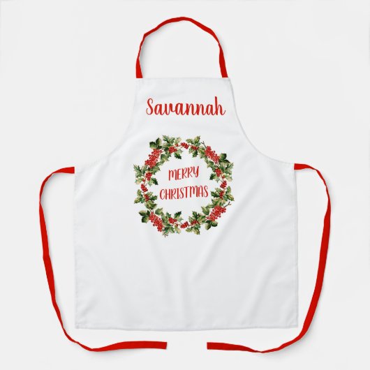 Holly Blätter & Berries Wreath Frohe Weihnachten Schürze (Vorderseite)