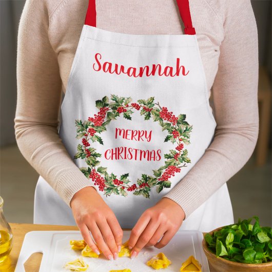 Holly Blätter & Berries Wreath Frohe Weihnachten Schürze