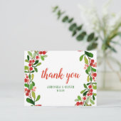 Holly Blätter Berry Christmas | Hochzeit Danke Postkarte (Stehend Vorderseite)
