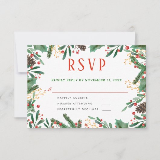 Holly Blätter Berry Christmas | Hochzeit RSVP Karte (Vorderseite)