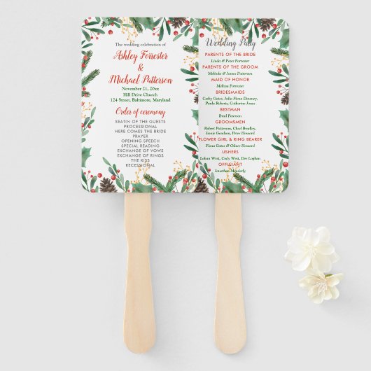 Holly Blätter Berry Christmas | Hochzeitsprogramm Fächer (Vorne und Hinten)