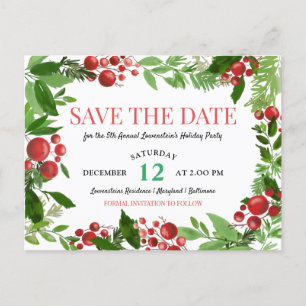 Holly Blätter   Berry Holiday Party Save the Date Ankündigungspostkarte