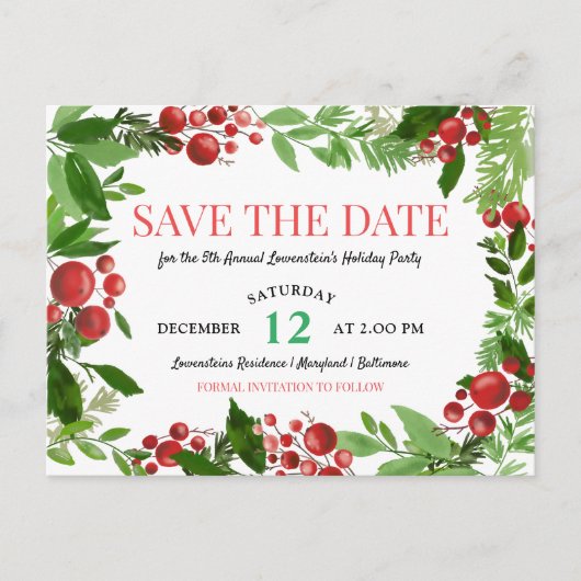 Holly Blätter | Berry Holiday Party Save the Date Ankündigungspostkarte (Vorderseite)