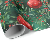 Holly Blätter & Christmas Bulbs Wasserfarbe in Grü Geschenkpapier (Rolleneckpunkt)