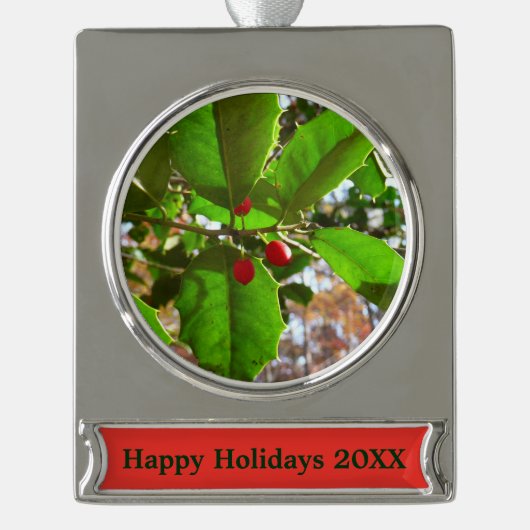 Holly Blätter II Holiday Nature Botanical Banner-Ornament Silber (Vorderseite)
