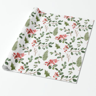 Holly Blätter Red Berry Holiday Watercolor Muster Geschenkpapier