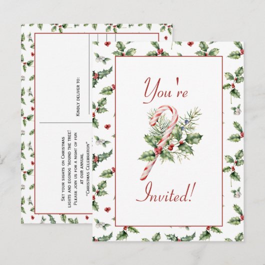 Holly-Blätter, Rote Berries, Mistleton, Candy Cane Postkarte (Vorne/Hinten)