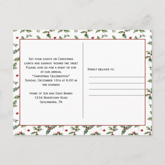 Holly-Blätter, Rote Berries, Mistleton, Candy Cane Postkarte (Rückseite)