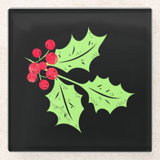 Holly-Blätter und Beeren Glasuntersetzer (Vorderseite)