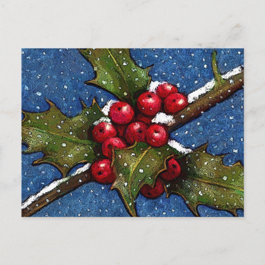 Holly Blätter und Berries mit Schneefall Postkarte (Vorderseite)