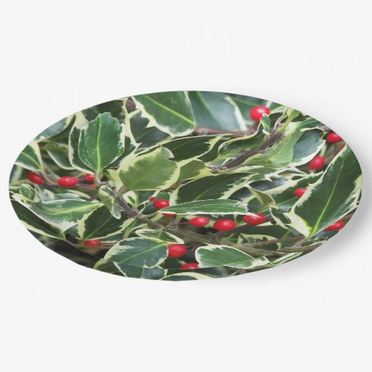Holly Blätter und Red Berries Holiday Pappteller (Schrägansicht)