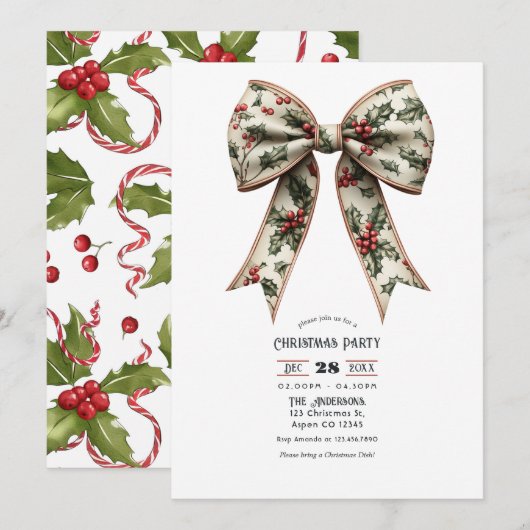 Holly Bow Holiday Weihnachts-Party Einladung (Vorne/Hinten)