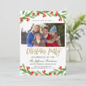 Holly Branch Watercolor Foto Party Einladung (Stehend Vorderseite)