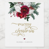 HOLLY Burgundy Gold Floral Frohe Weihnachten Weinetikett (Einzelnes Label)