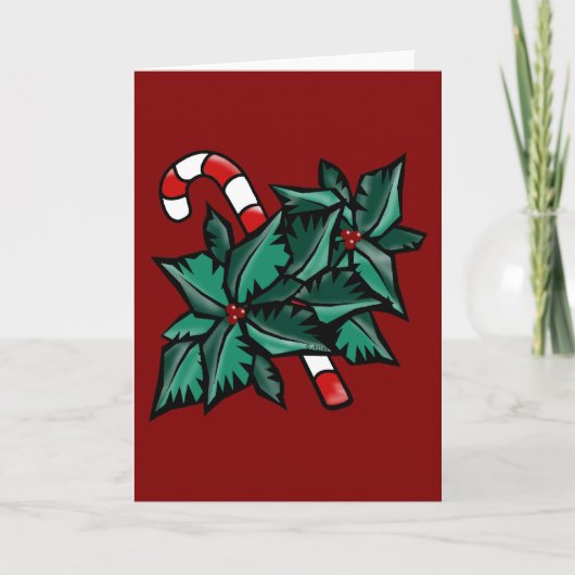 Holly & Candy Cane Feiertagskarte (Vorderseite)