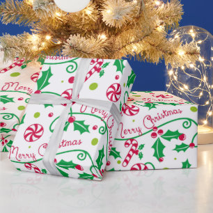 Holly Candy Cane Frohe Weihnachten Schrift Geschenkpapier
