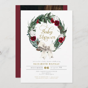 HOLLY Christmas Burgundy Floral Foto Baby Shower Einladung