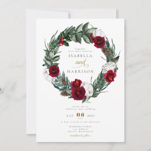 HOLLY Christmas Burgundy Floral Foto Hochzeit Einladung (Vorderseite)
