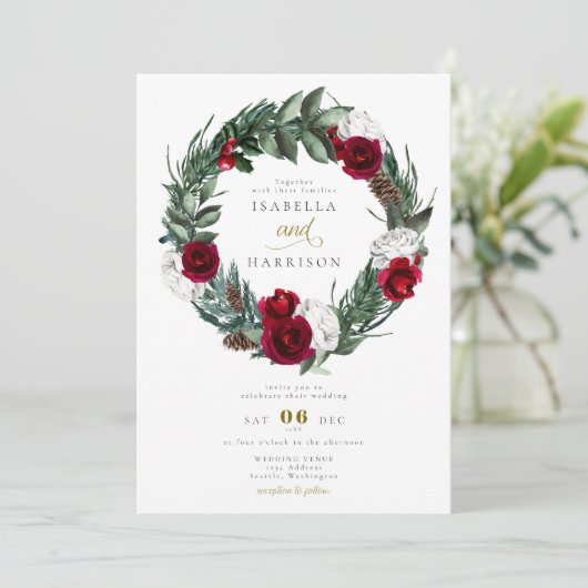 HOLLY Christmas Burgundy Floral Foto Hochzeit Einladung (Stehend Vorderseite)