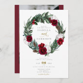 HOLLY Christmas Burgundy Floral Foto Hochzeit Einladung (Vorne/Hinten)