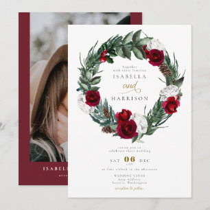 HOLLY Christmas Burgundy Floral Foto Hochzeit Einladung