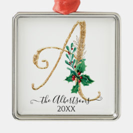 Holly Christmas Gold Glitzer Monogram A Family Ornament Aus Metall