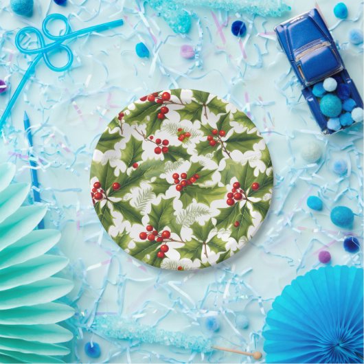 Holly Christmas Party Paper Plate Red and Green Pappteller (Party)