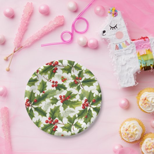 Holly Christmas Party Paper Plate Red and Green Pappteller (Party)