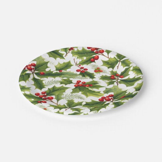 Holly Christmas Party Paper Plate Red and Green Pappteller (Schrägansicht)
