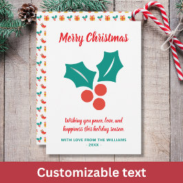 Holly Custom Text Red White Green Frohe Weihnachte Feiertagskarte