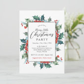 Holly Evergreens Merry Little Christmas Party Einladung (Stehend Vorderseite)