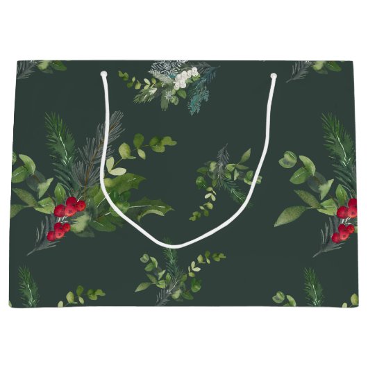 Holly, Fir und Snowflake Forest Green Große Geschenktüte (Vorderseite)