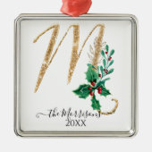 Holly Foliage Monogram M Gold Glitzer Weihnachten Ornament Aus Metall (Vorne)