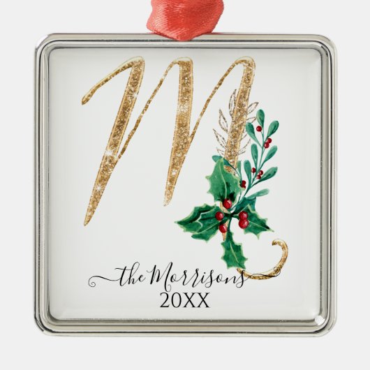 Holly Foliage Monogram M Gold Glitzer Weihnachten Ornament Aus Metall (Vorne)