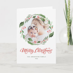 Holly Greenery Wreath Circle Foto Frohe Weihnachte Feiertagskarte