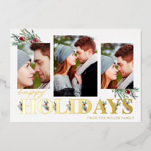 Holly Happy Holidays Holiday Foto Collage Folien Feiertagskarte (Vorderseite)