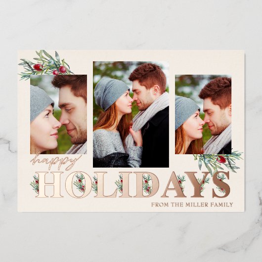 Holly Happy Holidays Holiday Foto Collage Folien Feiertagskarte (Vorderseite)