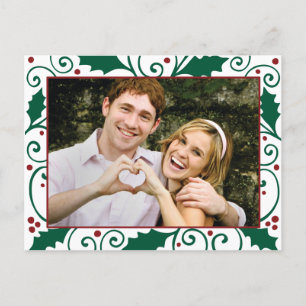 Holly Holiday Green & Red on White Foto Postcard Feiertagspostkarte