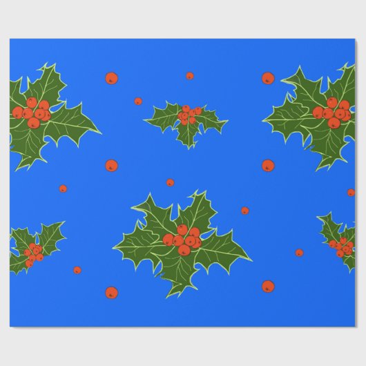 Holly (Ilex) Weihnachtsmotif auf blauem Hintergrun Geschenkpapier (Flach)